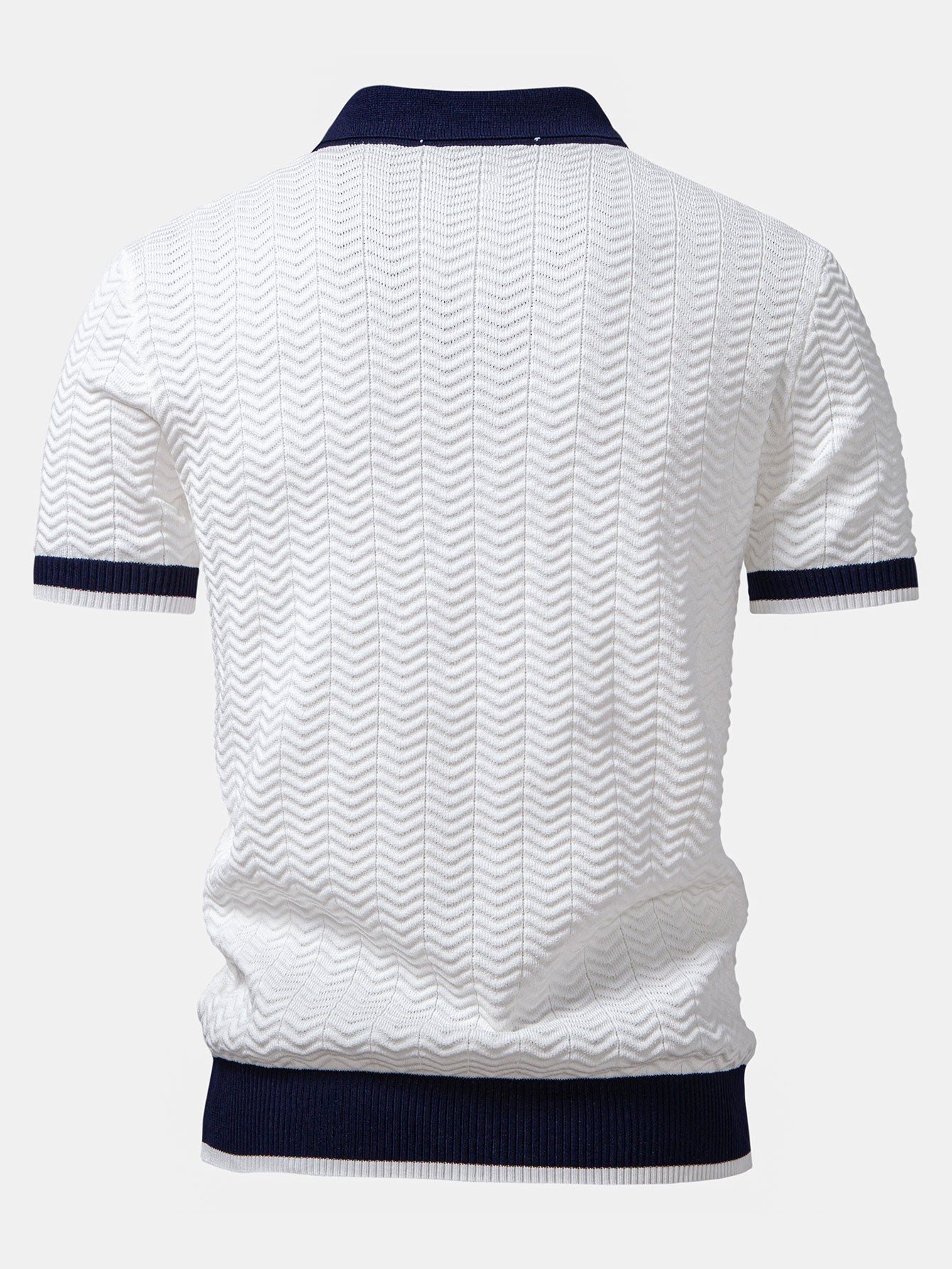 Texture Contrast Knitted V Neck Polo Shirt & Straight Leg Ribbed Pants